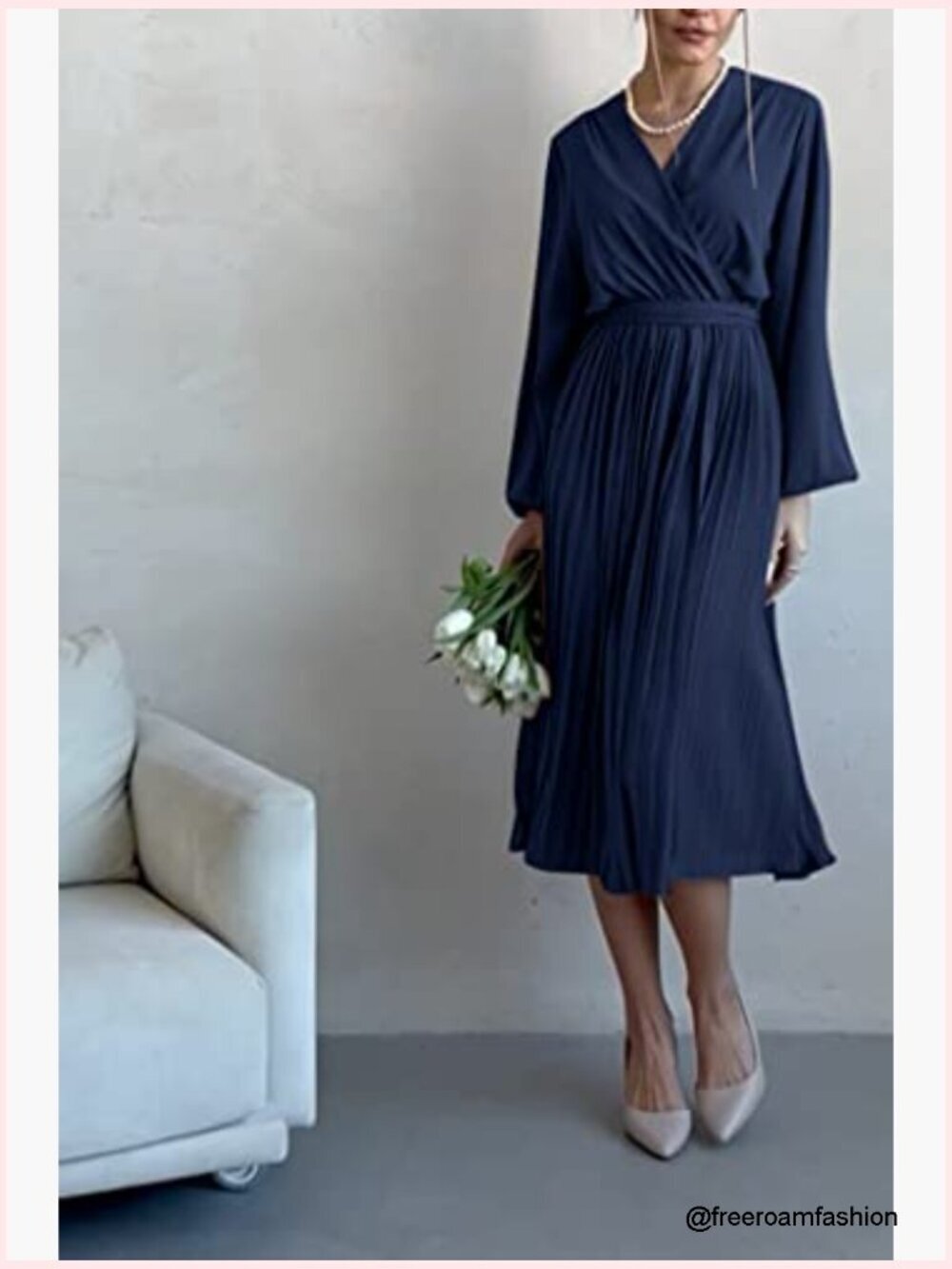 Midi Dress Long Puff Sleeve Wrap V Neck Flowy Ruffle Pleated Casual - Picture 3 of 7